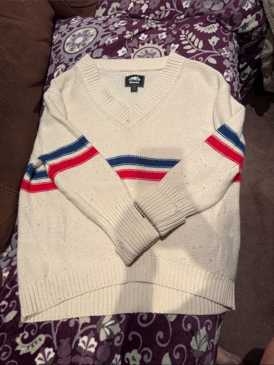 Roots Sweaters - Roots Women’s Cream V-Neck Sweater with Blue and Red Stripes